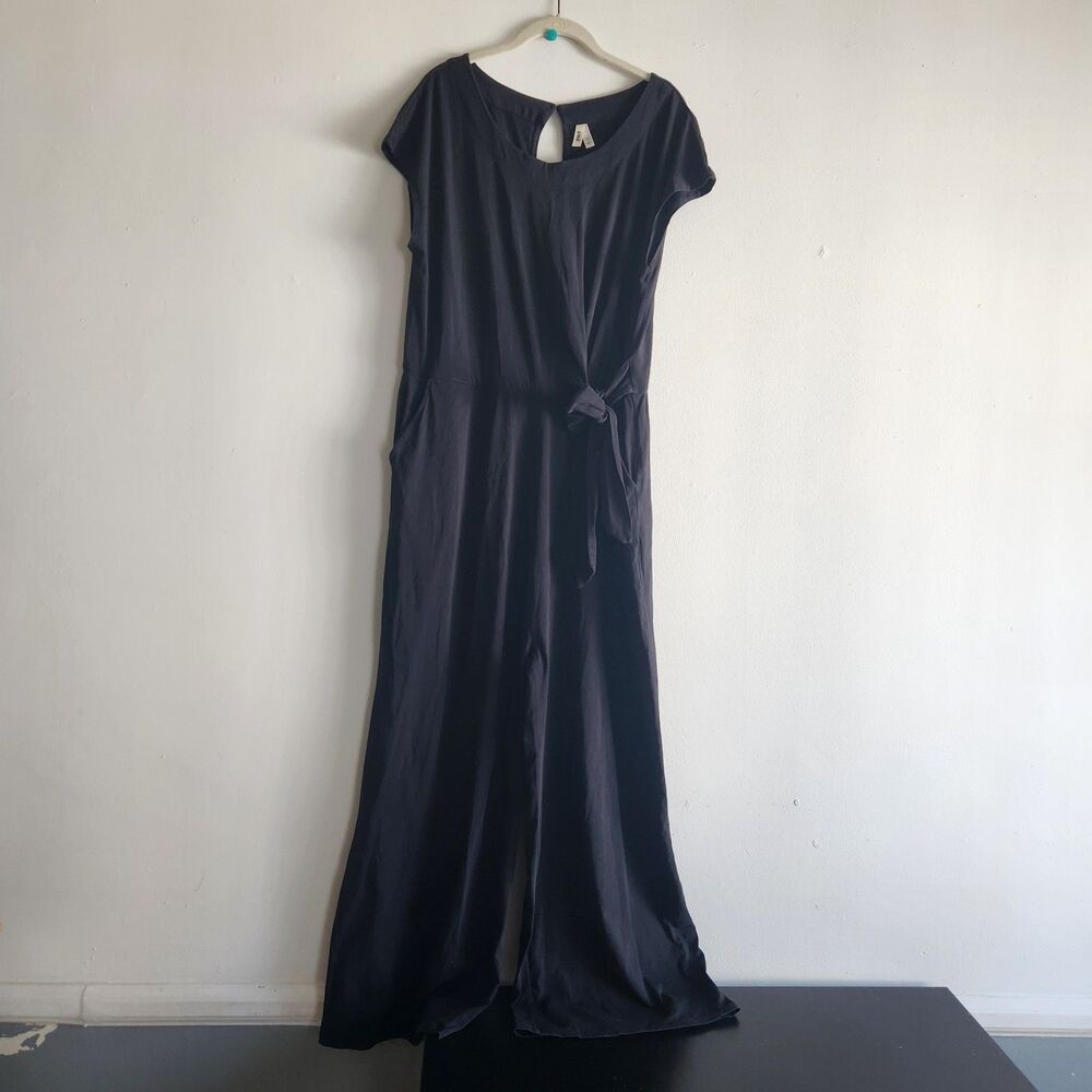 Pact Organic Cotton Wide Leg Jumpsuit Black Cap Sleeve Keyhole Back Tie Waist XL